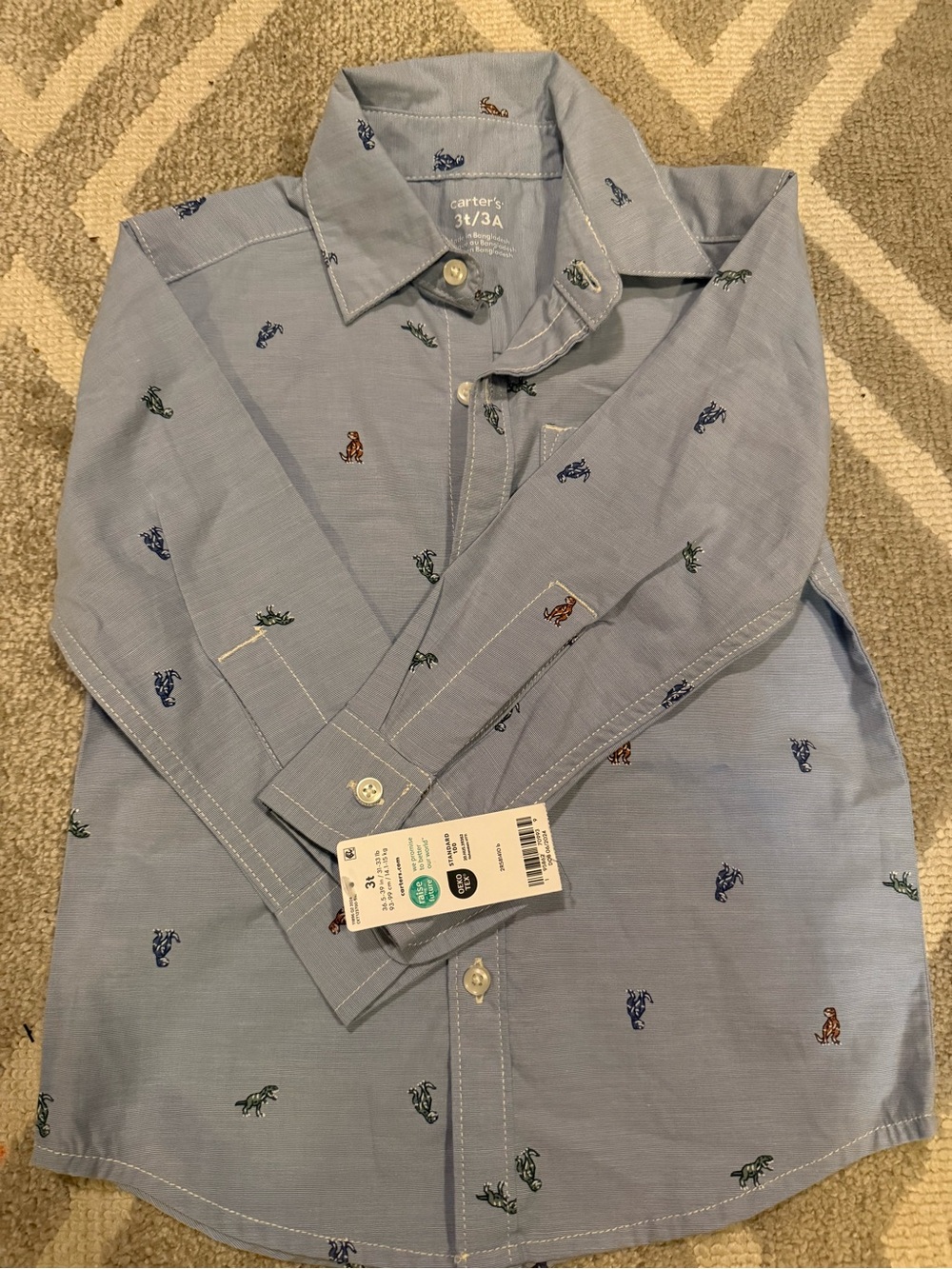 BNWT- Carter's Light Blue Button-Up Shirt with Multicolor Dinosaur Embroidery
